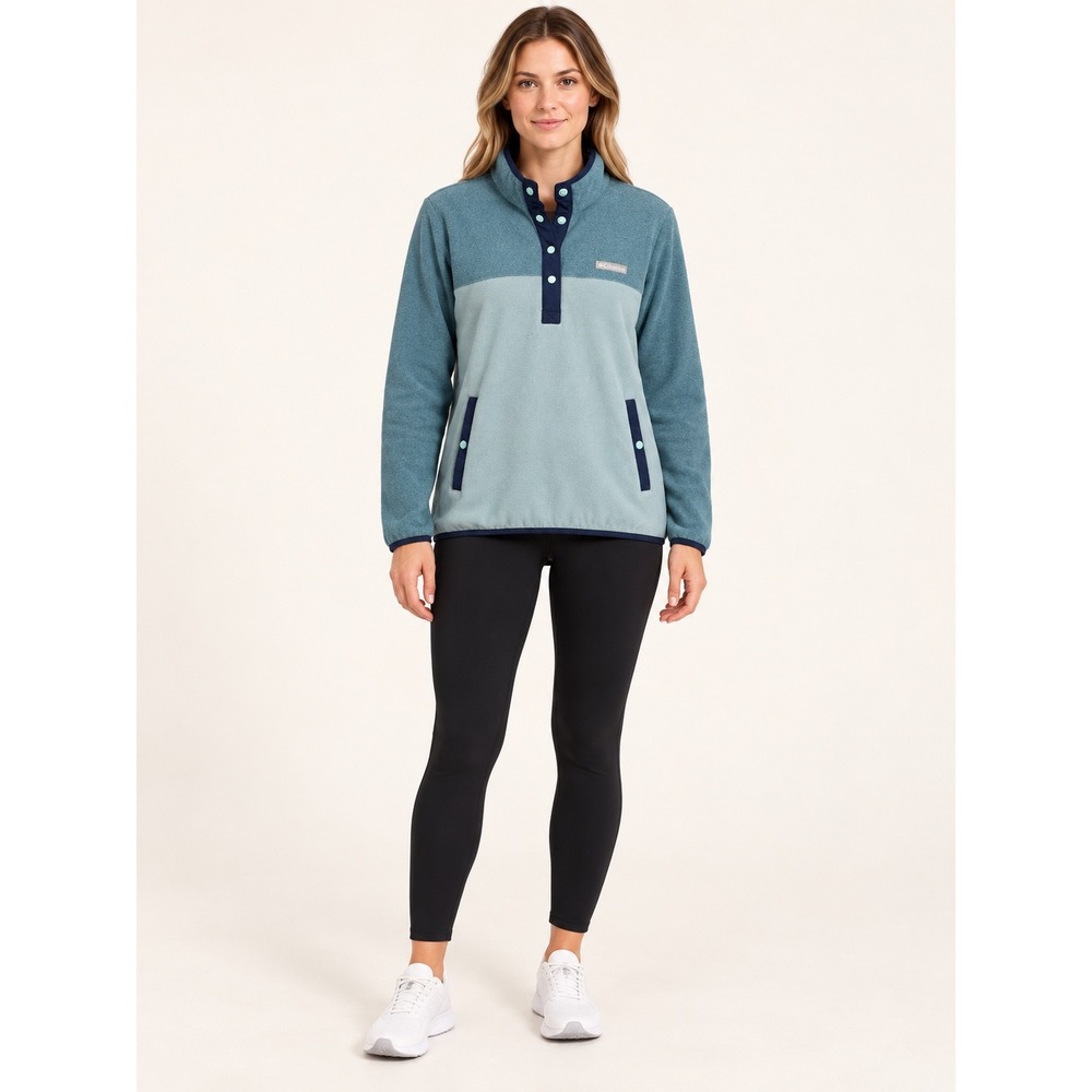 Columbia Womens L Fleece Pullover Snap Mock Neck Colorblock Blue Gray B10